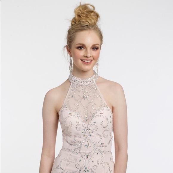Pink Beaded Halter Neck Prom Dress - Picture 3 of 4